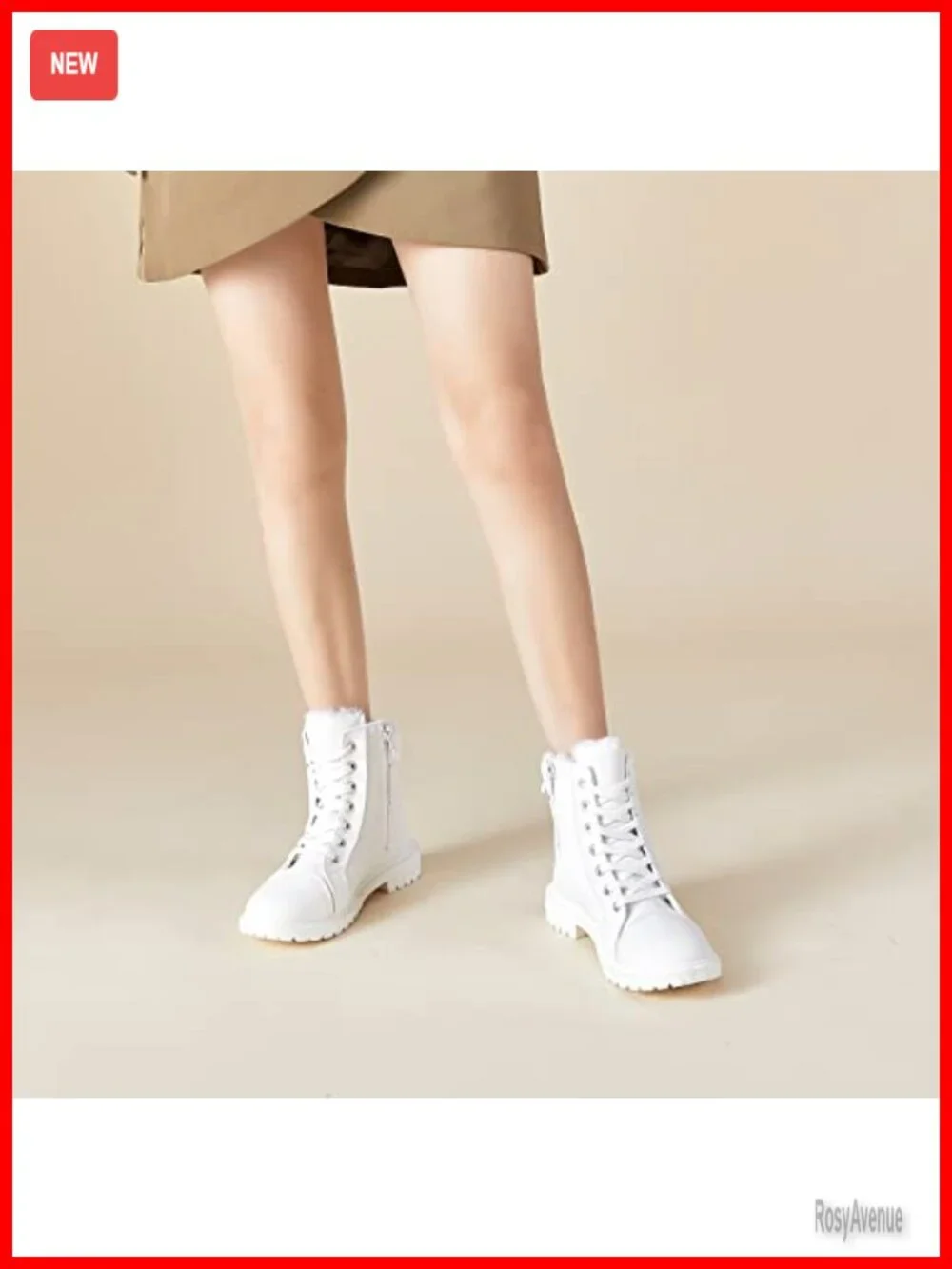 Fuzzy Lace Up Ankle Boots with Zipper - Non Slip Waterproof Winter Boots